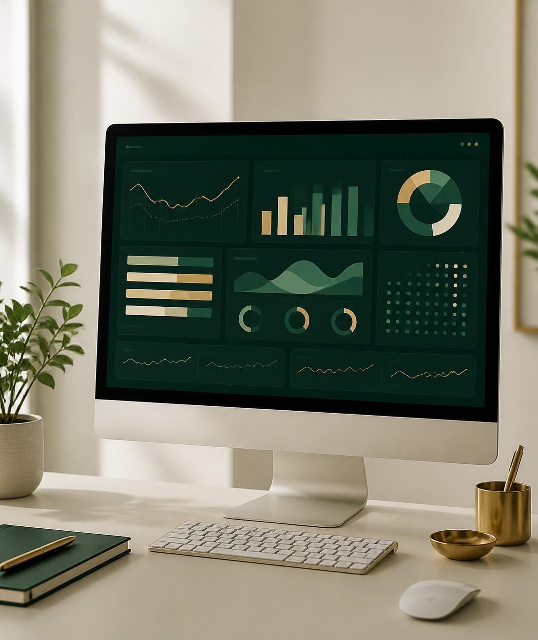 Schermo con grafici di analisi SEO in una postazione di lavoro